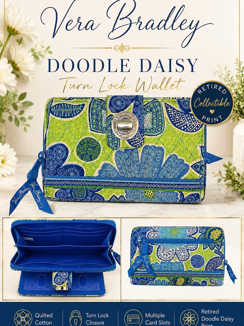 Vera Bradley Doodle Daisy Turn Lock Wallet Retired Floral Blue Green Quilted - Picture 1 of 10